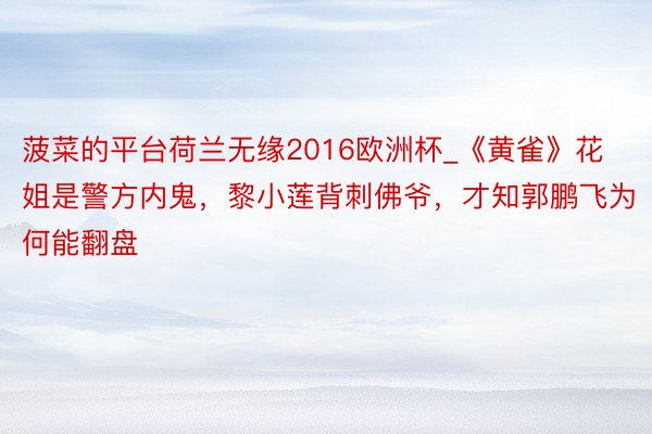 菠菜的平台荷兰无缘2016欧洲杯_《黄雀》花姐是警方内鬼，黎小莲背刺佛爷，才知郭鹏飞为何能翻盘